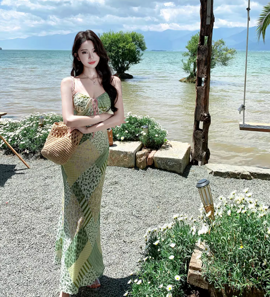Dopamine-Inspired Clashing Floral Print Green Maxi Dress Y2K Beach Core Spaghetti Strap Mermaid Long Dress AP1426