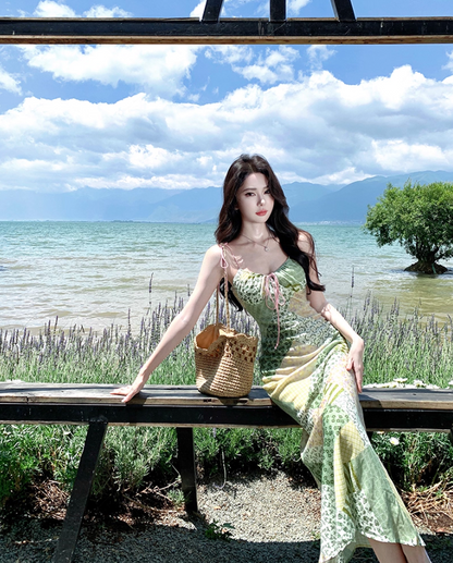 Dopamine-Inspired Clashing Floral Print Green Maxi Dress Y2K Beach Core Spaghetti Strap Mermaid Long Dress AP1426