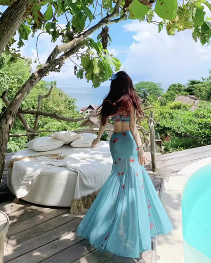 Dopamine Style Floral Print Maxi Dress Y2K Beach Core Spaghetti Strap Red Lace Trimmed Mermaid Long Dress AP1427