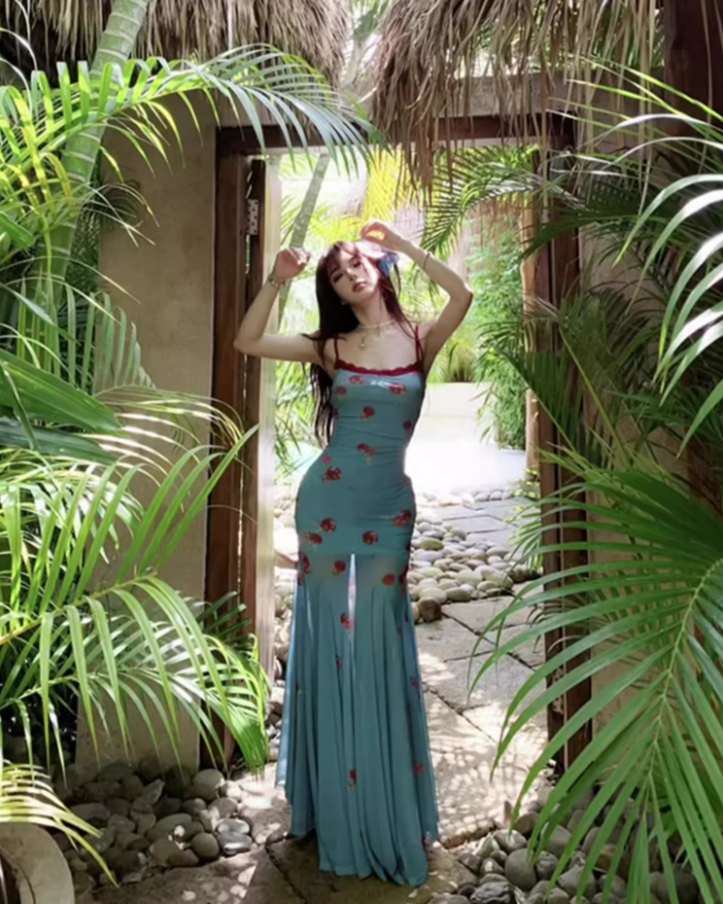 Dopamine Style Floral Print Maxi Dress Y2K Beach Core Spaghetti Strap Red Lace Trimmed Mermaid Long Dress AP1427