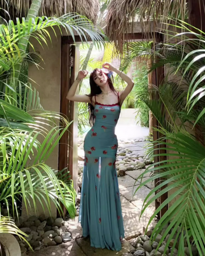 Dopamine Style Floral Print Maxi Dress Y2K Beach Core Spaghetti Strap Red Lace Trimmed Mermaid Long Dress AP1427