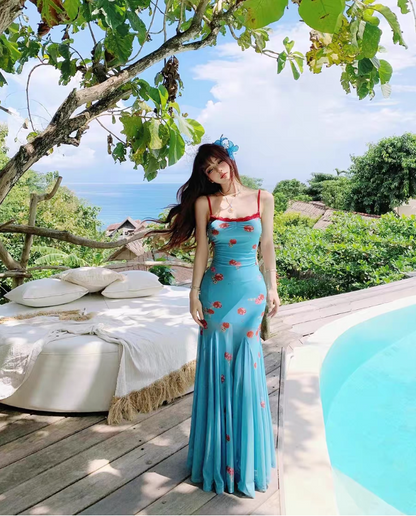 Dopamine Style Floral Print Maxi Dress Y2K Beach Core Spaghetti Strap Red Lace Trimmed Mermaid Long Dress AP1427