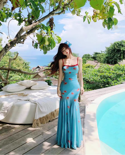 Dopamine Style Floral Print Maxi Dress Y2K Beach Core Spaghetti Strap Red Lace Trimmed Mermaid Long Dress AP1427