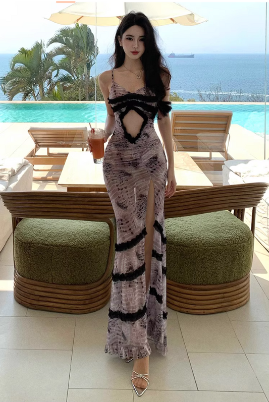 Alluring Snake Print Cutout Maxi Dress Y2K Beach Core Black Ruffles Trim High-Slit Long Dress AP1429