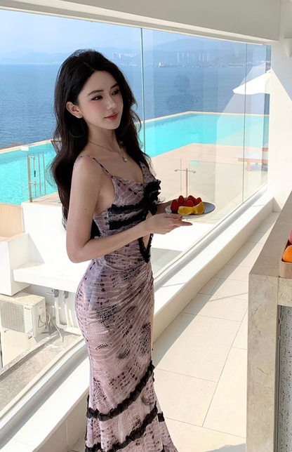 Alluring Snake Print Cutout Maxi Dress Y2K Beach Core Black Ruffles Trim High-Slit Long Dress AP1429