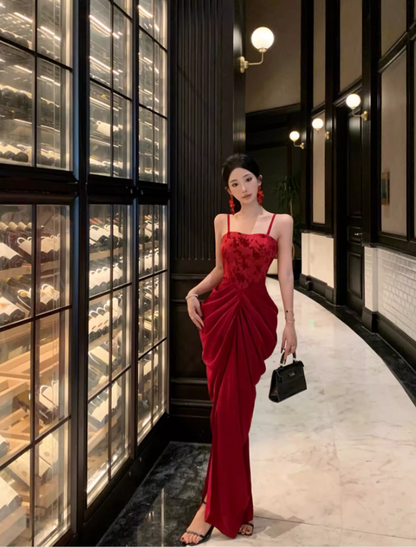 Alluring Burgundy Velvet Spaghetti Strap Maxi Dress Chic Ruched High-Slit Mermaid Long Dress AP1430