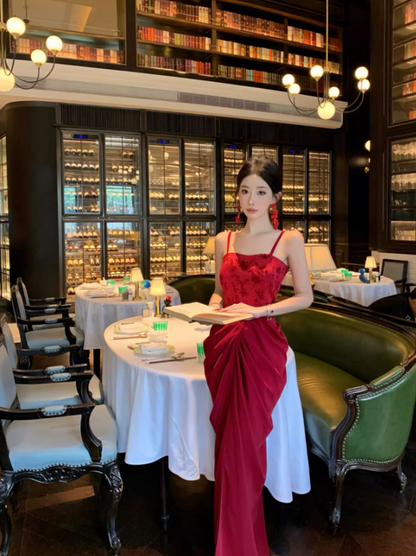 Alluring Burgundy Velvet Spaghetti Strap Maxi Dress Chic Ruched High-Slit Mermaid Long Dress AP1430