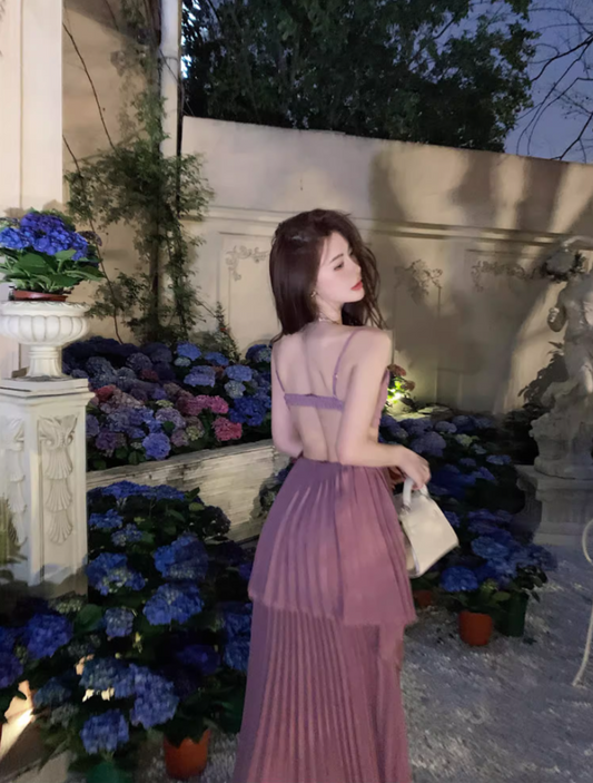 Charming Purple Pressed Pleat Maxi Dress Niche Open-Waist Spaghetti Strap Flowy Long Dress AP1431