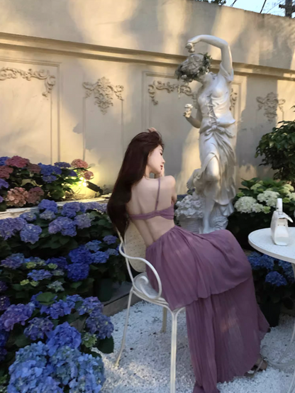 Charming Purple Pressed Pleat Maxi Dress Niche Open-Waist Spaghetti Strap Flowy Long Dress AP1431