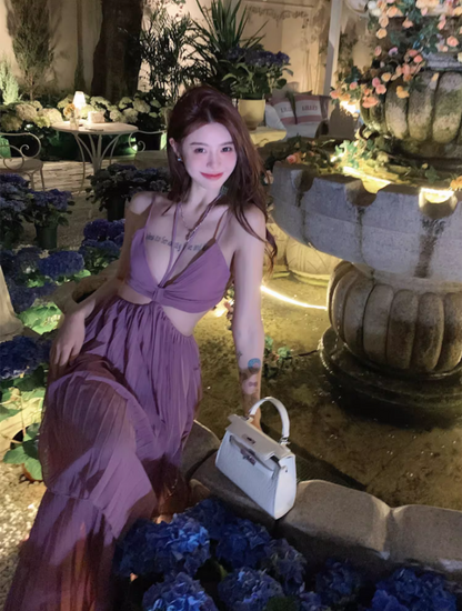 Charming Purple Pressed Pleat Maxi Dress Niche Open-Waist Spaghetti Strap Flowy Long Dress AP1431