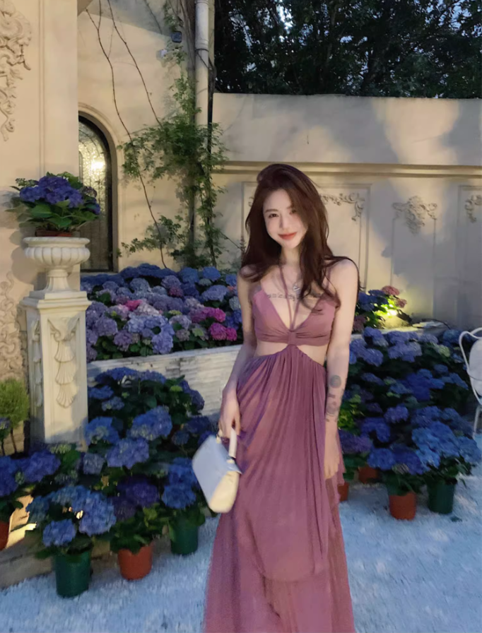 Charming Purple Pressed Pleat Maxi Dress Niche Open-Waist Spaghetti Strap Flowy Long Dress AP1431