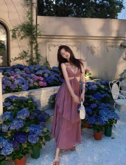 Charming Purple Pressed Pleat Maxi Dress Niche Open-Waist Spaghetti Strap Flowy Long Dress AP1431