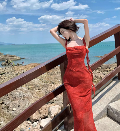 Romantic Flutter Spaghetti Strap Beach Vacations Maxi Dress Vogue Red Printed Bodycon Long Dress AP1432