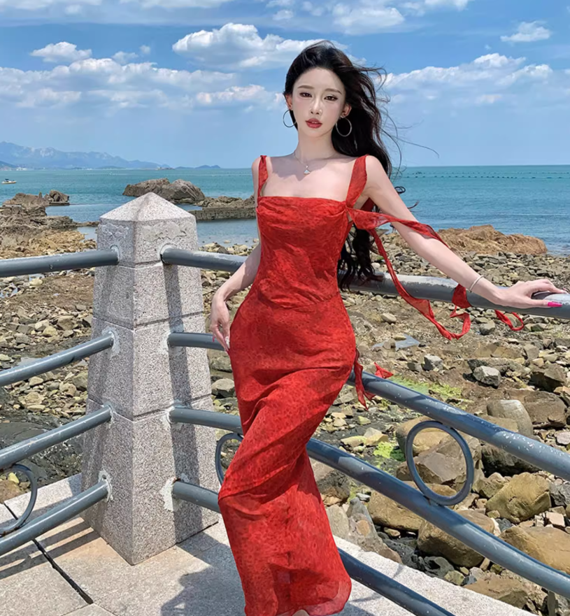 Romantic Flutter Spaghetti Strap Beach Vacations Maxi Dress Vogue Red Printed Bodycon Long Dress AP1432