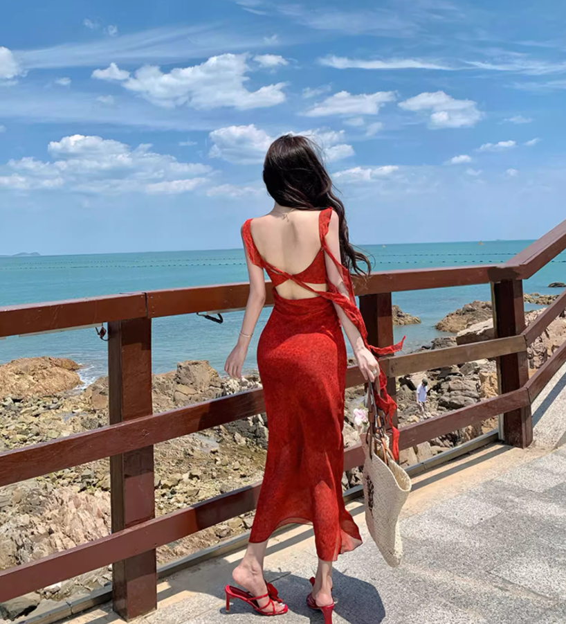 Romantic Flutter Spaghetti Strap Beach Vacations Maxi Dress Vogue Red Printed Bodycon Long Dress AP1432