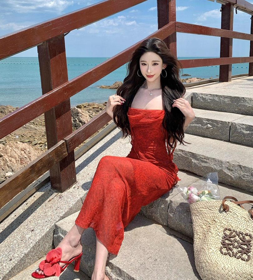 Romantic Flutter Spaghetti Strap Beach Vacations Maxi Dress Vogue Red Printed Bodycon Long Dress AP1432