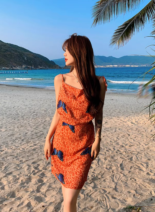 Vigorous Stylish Shoots Orange Leopard Print Mini Skirt Butterfly Accents Charming Tie-Strap Short Dress AP1433
