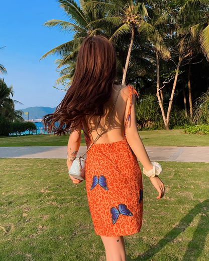 Vigorous Stylish Shoots Orange Leopard Print Mini Skirt Butterfly Accents Charming Tie-Strap Short Dress AP1433
