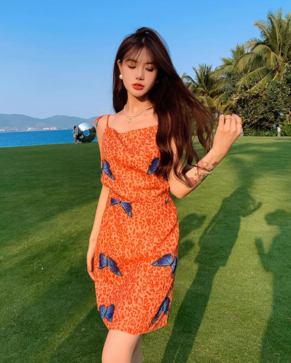 Vigorous Stylish Shoots Orange Leopard Print Mini Skirt Butterfly Accents Charming Tie-Strap Short Dress AP1433