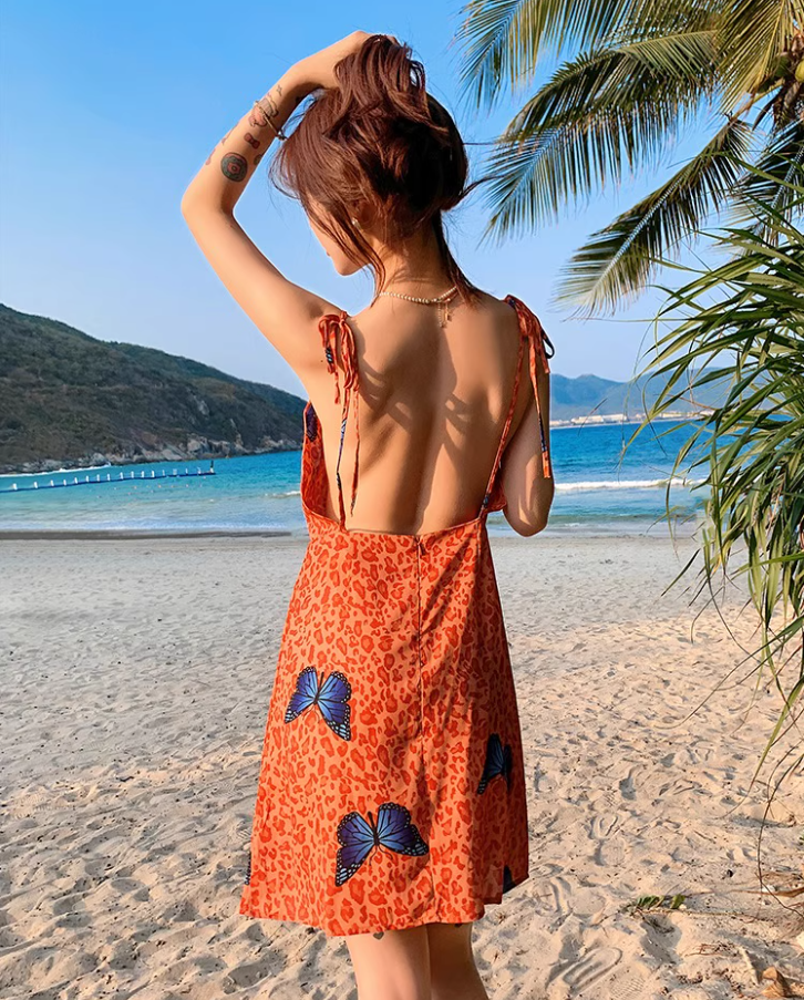 Vigorous Stylish Shoots Orange Leopard Print Mini Skirt Butterfly Accents Charming Tie-Strap Short Dress AP1433