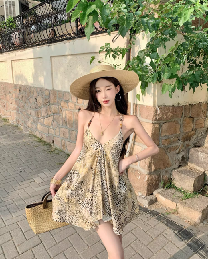 Boho Coastal Getaways Leopard Mini Skirt Y2K Hot Girls A-Line Halter Short Dress AP1434