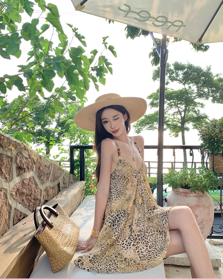 Boho Coastal Getaways Leopard Mini Skirt Y2K Hot Girls A-Line Halter Short Dress AP1434