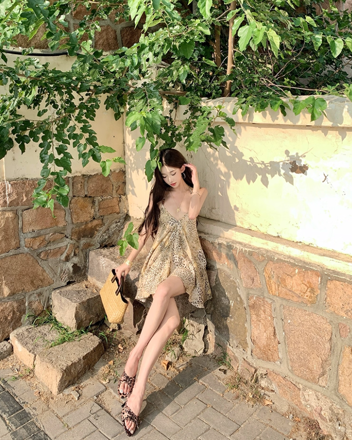 Boho Coastal Getaways Leopard Mini Skirt Y2K Hot Girls A-Line Halter Short Dress AP1434