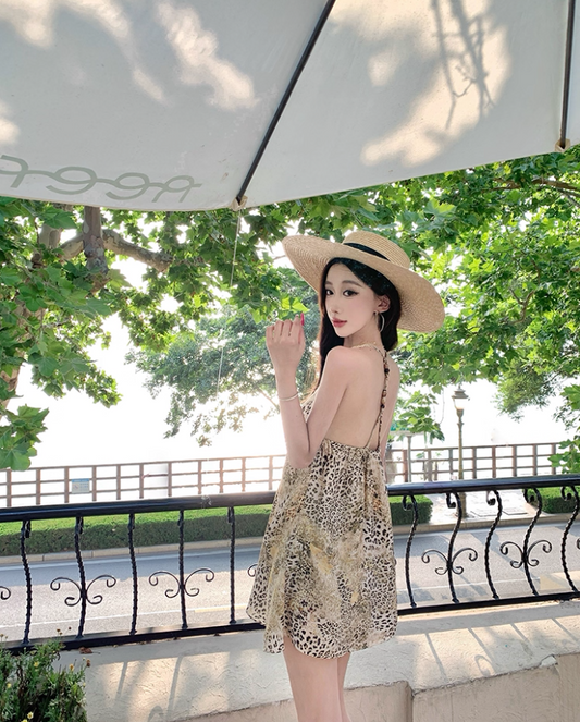 Boho Coastal Getaways Leopard Mini Skirt Y2K Hot Girls A-Line Halter Short Dress AP1434