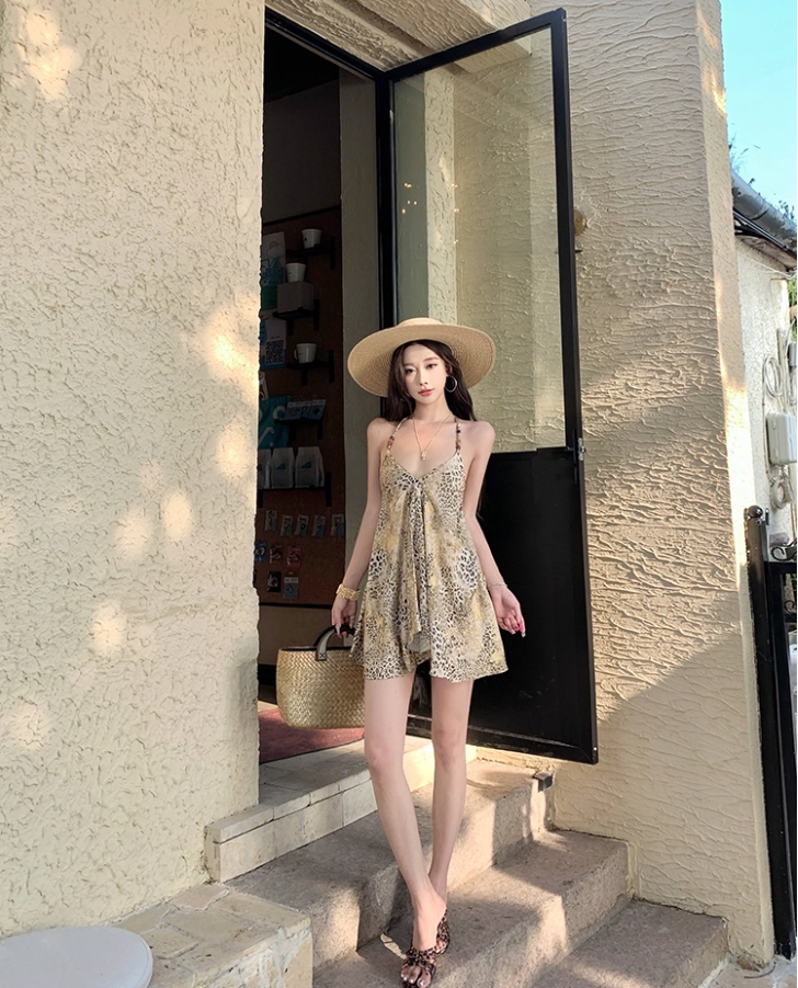 Boho Coastal Getaways Leopard Mini Skirt Y2K Hot Girls A-Line Halter Short Dress AP1434