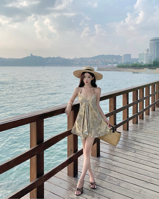 Boho Coastal Getaways Leopard Mini Skirt Y2K Hot Girls A-Line Halter Short Dress AP1434