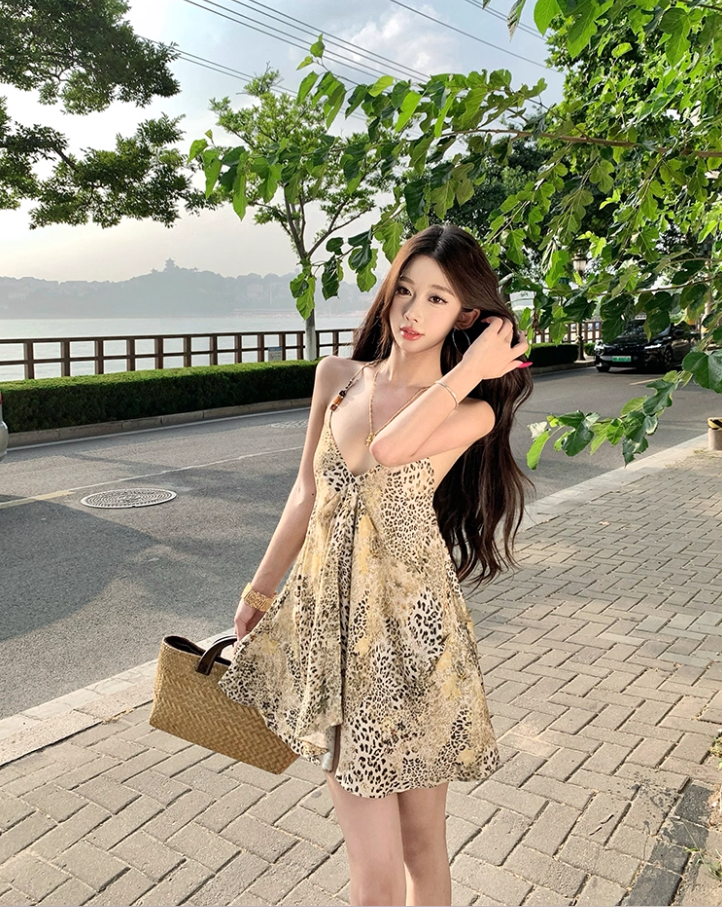 Boho Coastal Getaways Leopard Mini Skirt Y2K Hot Girls A-Line Halter Short Dress AP1434