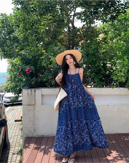 Boho-Inspired Blue Printed Spaghetti Strap Maxi Dress Vintage Loose Fit Stylish Shoots Long Dress AP1435