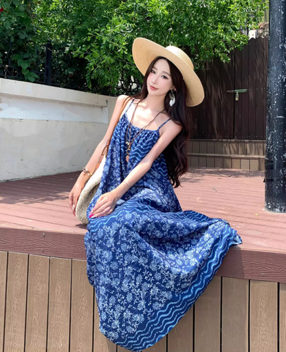 Boho-Inspired Blue Printed Spaghetti Strap Maxi Dress Vintage Loose Fit Stylish Shoots Long Dress AP1435