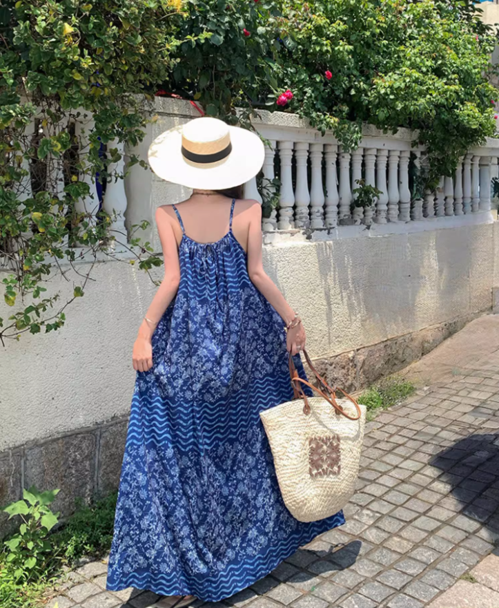 Boho-Inspired Blue Printed Spaghetti Strap Maxi Dress Vintage Loose Fit Stylish Shoots Long Dress AP1435
