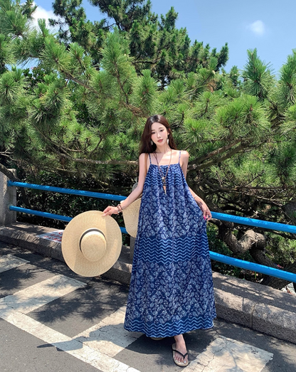 Boho-Inspired Blue Printed Spaghetti Strap Maxi Dress Vintage Loose Fit Stylish Shoots Long Dress AP1435