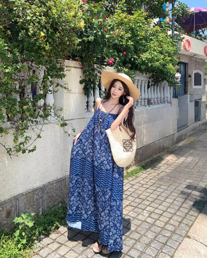Boho-Inspired Blue Printed Spaghetti Strap Maxi Dress Vintage Loose Fit Stylish Shoots Long Dress AP1435