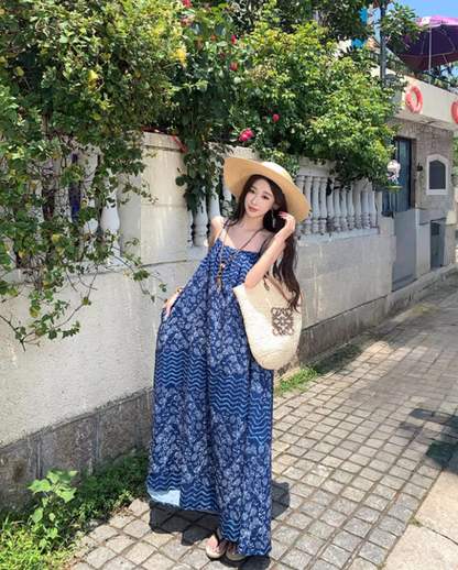 Boho-Inspired Blue Printed Spaghetti Strap Maxi Dress Vintage Loose Fit Stylish Shoots Long Dress AP1435