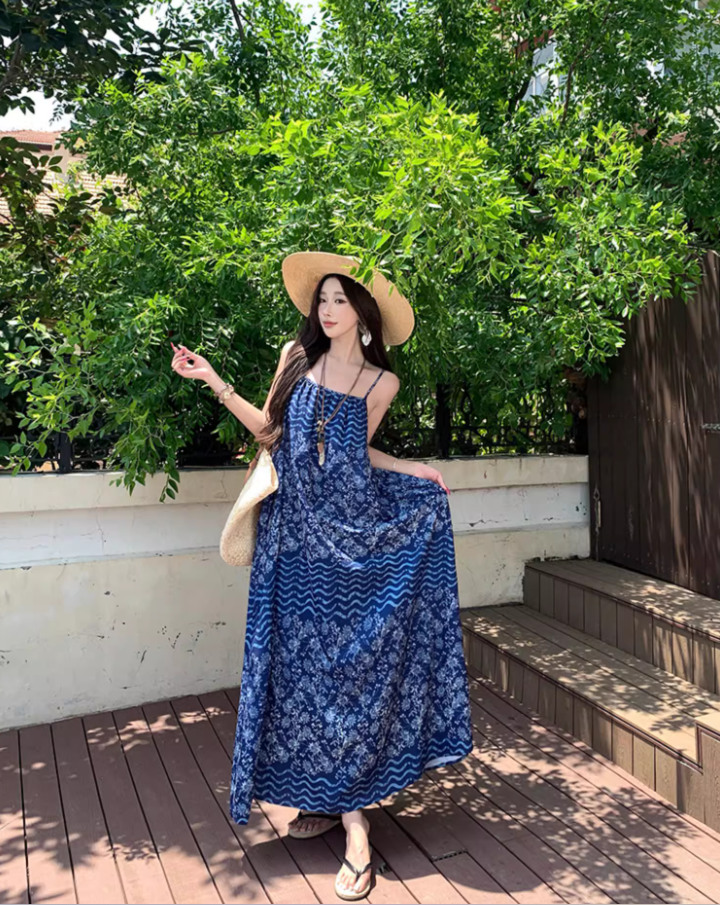 Boho-Inspired Blue Printed Spaghetti Strap Maxi Dress Vintage Loose Fit Stylish Shoots Long Dress AP1435