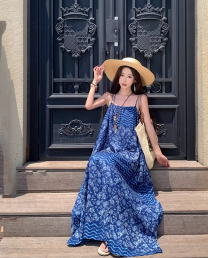 Boho-Inspired Blue Printed Spaghetti Strap Maxi Dress Vintage Loose Fit Stylish Shoots Long Dress AP1435