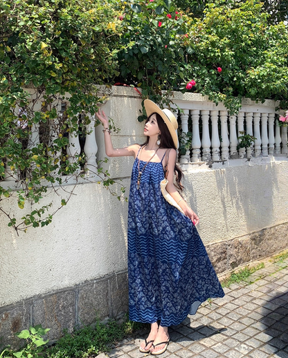 Boho-Inspired Blue Printed Spaghetti Strap Maxi Dress Vintage Loose Fit Stylish Shoots Long Dress AP1435
