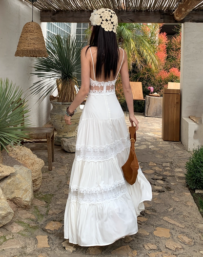 Elegant Coastal Trips Spaghetti Strap White Maxi Dress Vogue Sheer Lace Splicing Backless Flowy Long Dress AP1436