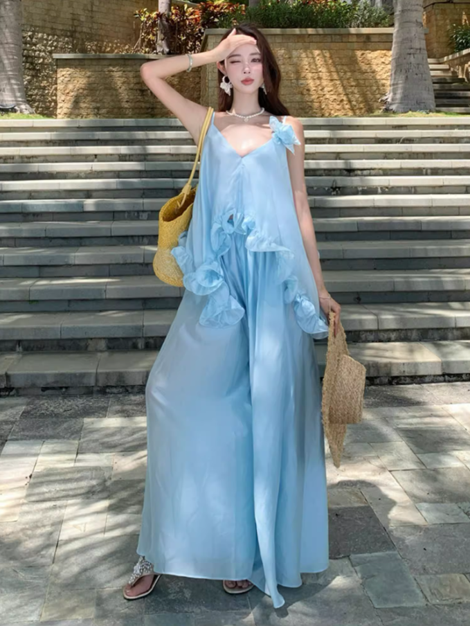 Ethereal Ruffled Hem Floral Design Maxi Dress Coastal Trips Blue Spaghetti Strap Flowy Long Dress AP1437