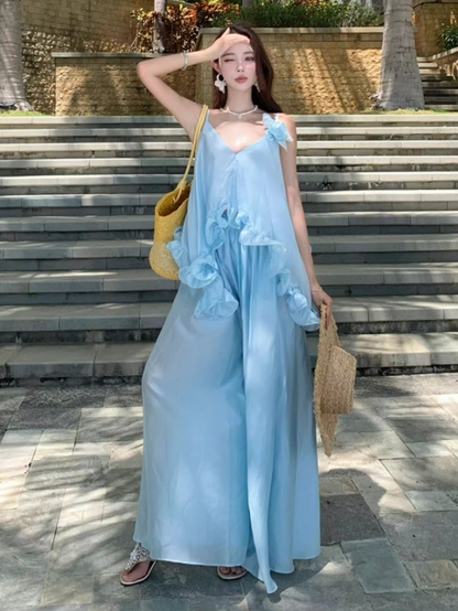 Ethereal Ruffled Hem Floral Design Maxi Dress Coastal Trips Blue Spaghetti Strap Flowy Long Dress AP1437