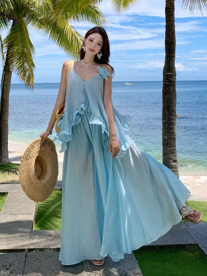 Ethereal Ruffled Hem Floral Design Maxi Dress Coastal Trips Blue Spaghetti Strap Flowy Long Dress AP1437