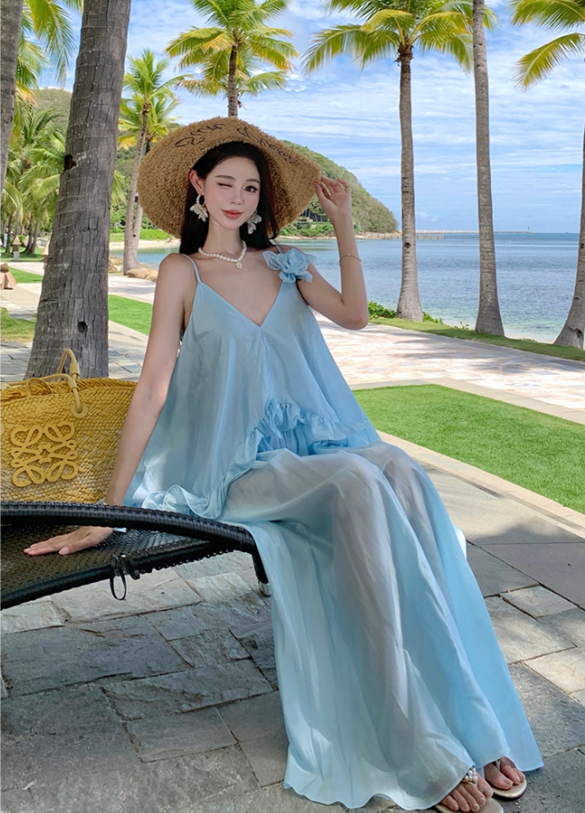 Ethereal Ruffled Hem Floral Design Maxi Dress Coastal Trips Blue Spaghetti Strap Flowy Long Dress AP1437