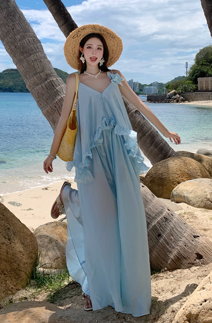 Ethereal Ruffled Hem Floral Design Maxi Dress Coastal Trips Blue Spaghetti Strap Flowy Long Dress AP1437
