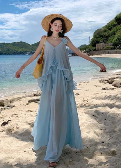 Ethereal Ruffled Hem Floral Design Maxi Dress Coastal Trips Blue Spaghetti Strap Flowy Long Dress AP1437