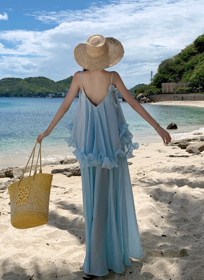 Ethereal Ruffled Hem Floral Design Maxi Dress Coastal Trips Blue Spaghetti Strap Flowy Long Dress AP1437