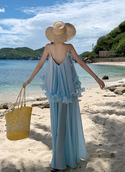 Ethereal Ruffled Hem Floral Design Maxi Dress Coastal Trips Blue Spaghetti Strap Flowy Long Dress AP1437