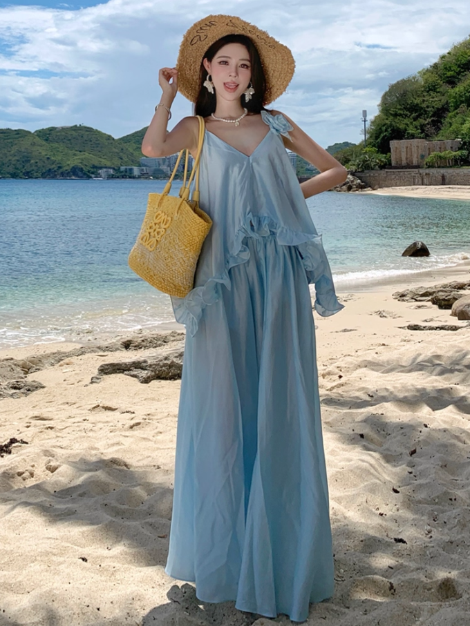 Ethereal Ruffled Hem Floral Design Maxi Dress Coastal Trips Blue Spaghetti Strap Flowy Long Dress AP1437